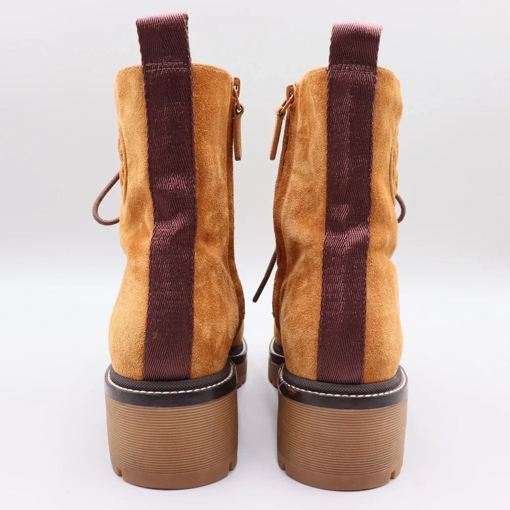 Tory Burch Women's Miller Lug Sole Combat Boots Size 10M US Tan Suede Lace Up